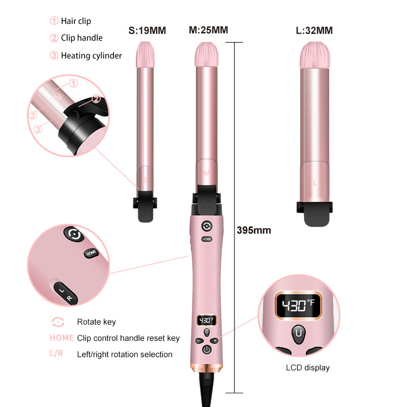 Automatic Curling Iron, 3 in 1 Curling Wand Set, Instant Heat Up Hair Curler with 3 Interchangeable Tourmaline Ceramic Barrels (3/4, 1", 1.25"), LCD Heat Display for Beach Waves