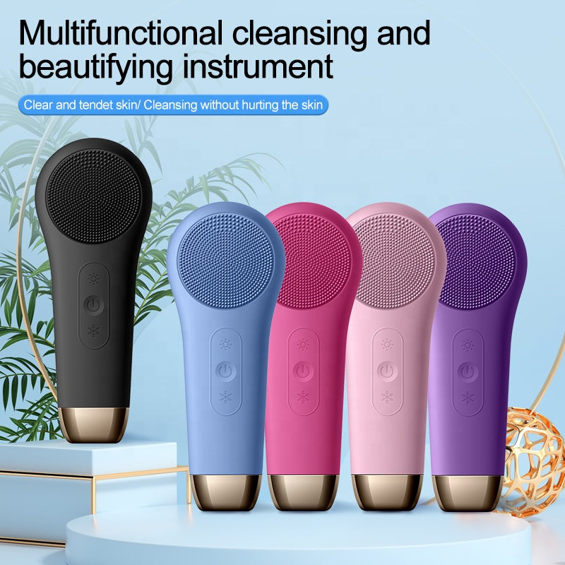 Multifunction Beauty LED Lighting Facial Cleaning Massage Brush Pore Cleanser Wireless Charger Silicone Sonic Face Washing Brush Hot and Cold
